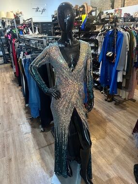 Fashion Nova Iridescent Sequin Deep V Maxi Gown in Silver-Green